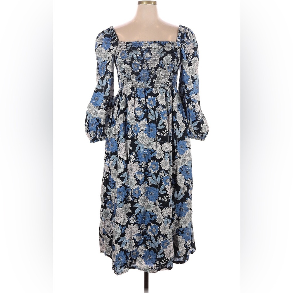 J crew XLT 100% linen midi dress blue floral  🪻